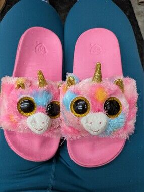Ty Pink Plush Unicorn Slide Sandals with Multicolor Accents